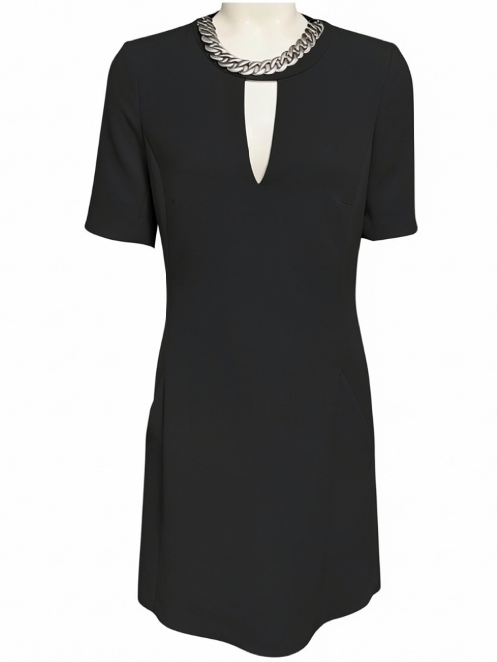 BARBARA BUI BLACK CREPE MIDI DRESS WITH CHAIN JEWEL NECKLINE